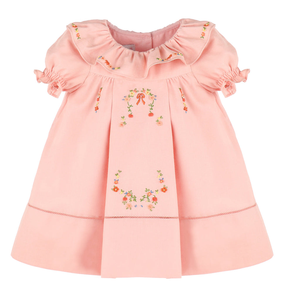 Peach Embroidered Pumpkin Ruffle Dress - Select Size