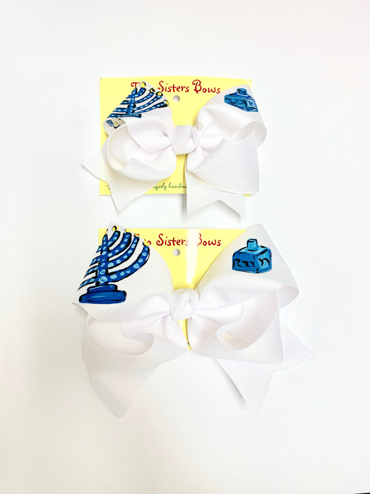 Happy Hanukkah  -Handpainted White Hair bow - Choose 6” or 8”
