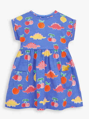 Dino & Fruit Print Pet In Pocket Blue Dress - Select Size