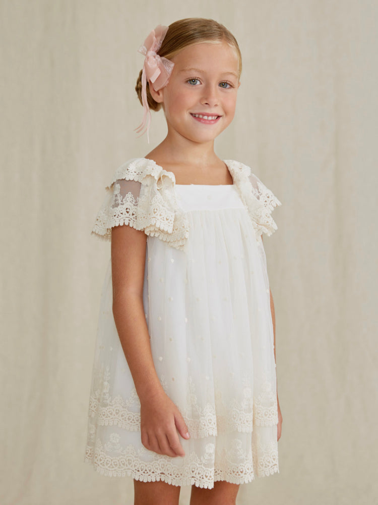 Cream Embroidered Tulle Dress - Select Size