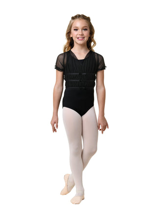Willow Girls Black Sheer Gathered Short Sleeve Leotard - Select Size