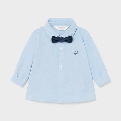 Aqua Blue Long Sleeve Button Down Shirt With Bow Tie