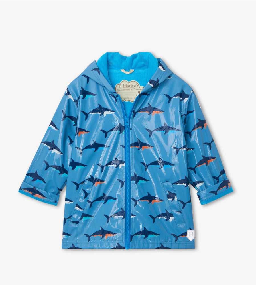 
            
                Load image into Gallery viewer, Blue Shadow Swimming Sharks Color Changing Splash Jacket - Select Size
            
        