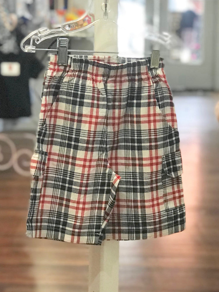 Plaid Red, White & Blue Pull-On Shorts With Cargo Pockets- CR Sports - Select Size