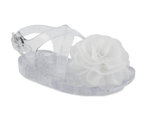 Sophie Clear Criss Cross Strap Jelly Sandal With White Chiffon Flower - Select Size