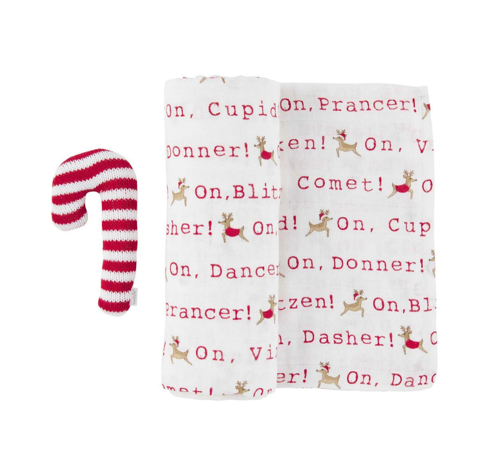 White Christmas Swaddle & Rattle Set