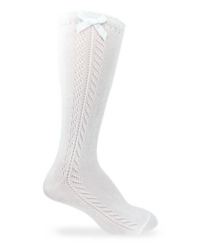 Pointelle Bow White Knee High Socks - Select Size