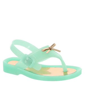 Aqua Jelly Thong Sandals with Gold Bow Accent