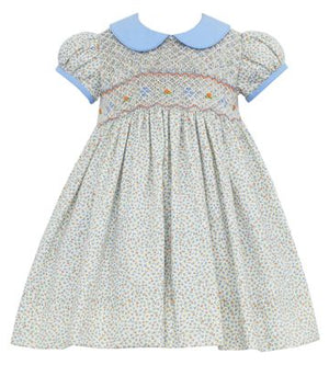 
            
                Load image into Gallery viewer, Camille Light Blue &amp;amp; Orange Liberty Print Smock Peter Pan Collar Dress  - select size
            
        