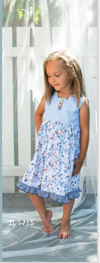 Marine Blue Floral Ruffle Dress - Select Size - ZaZa Couture