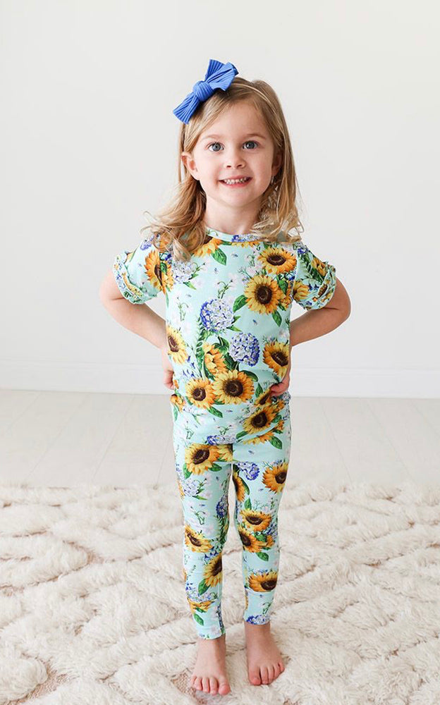 Sunny Short Sleeve Micro Ruffled Shirt & Long Pant Pajama Set- Posh Peanut - Select Size