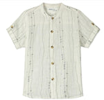 Sakura Ivory & Grey Short Sleeve Button Down Collarless Boys Shirt - Select Size