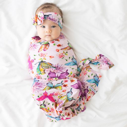 Watercolor Butterfly Infant Swaddle and Headwrap Set
