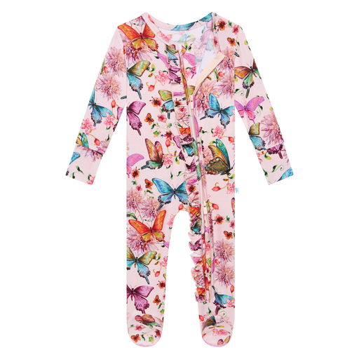 Watercolor Butterfly Footie Ruffled Zippered One Piece - Select Size
