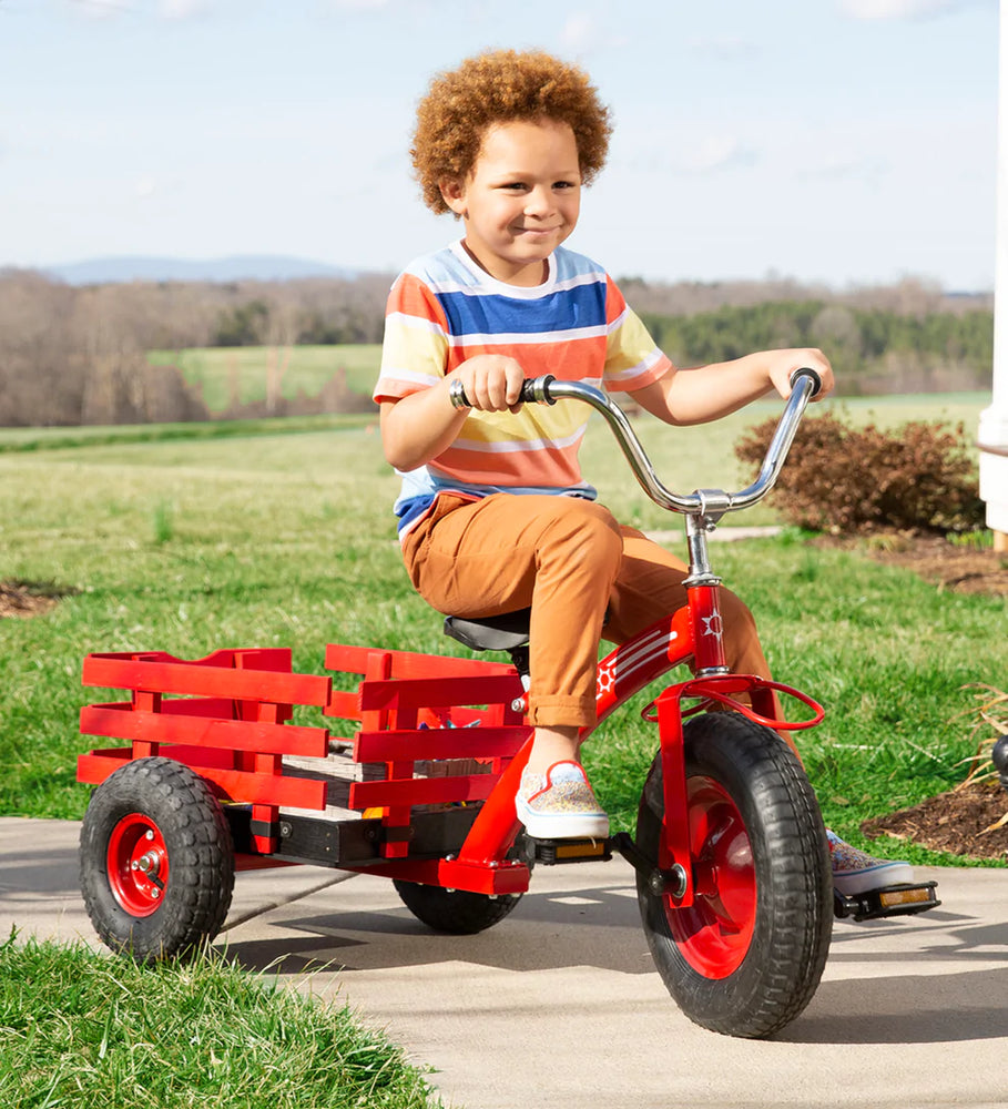 Child's Cherry Red Metal Tricycle with Attached Slatted-Wood Wagon