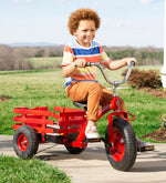 Child's Cherry Red Metal Tricycle with Attached Slatted-Wood Wagon