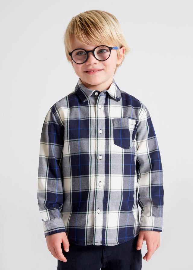 Navy Blue Checkered Long Sleeve Boy’s Shirt - Select Size