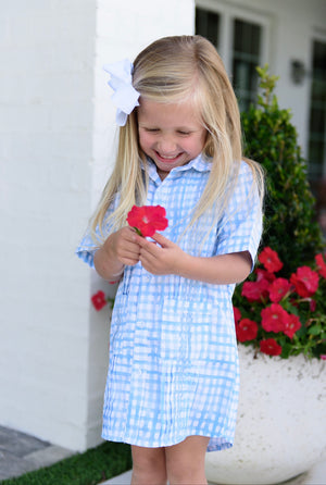 Light Blue Watercolor Guayabera Collection Short Sleeved Button Down Dress- Select Size