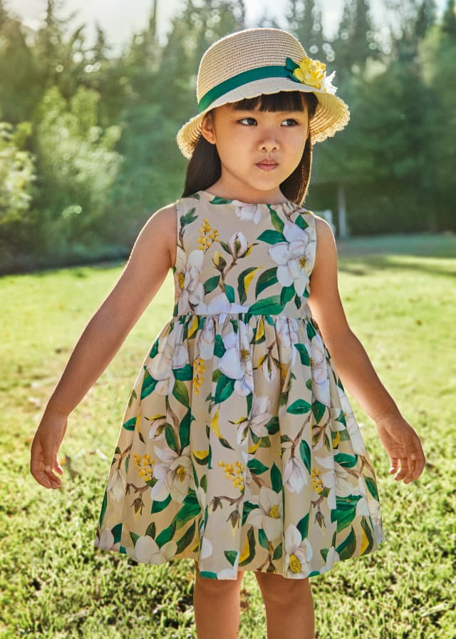 Beige Printed Cotton Girls Dress - Select Size