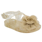Sophie Champagne Criss Cross Strap Jelly Sandal With Champagne Chiffon Flower