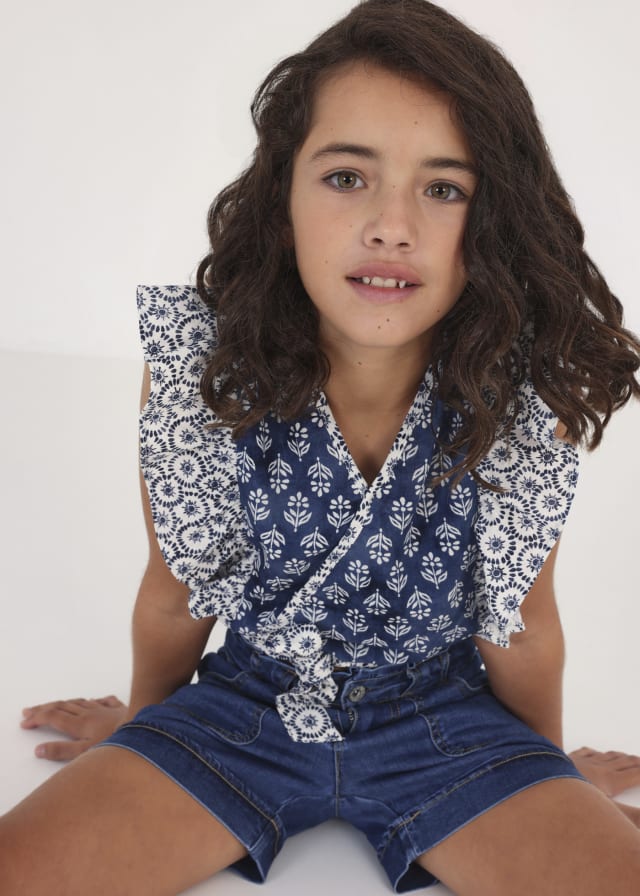 Blue Ruffled Cotton Blouse - Select Size