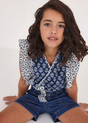 Blue Ruffled Cotton Blouse - Select Size